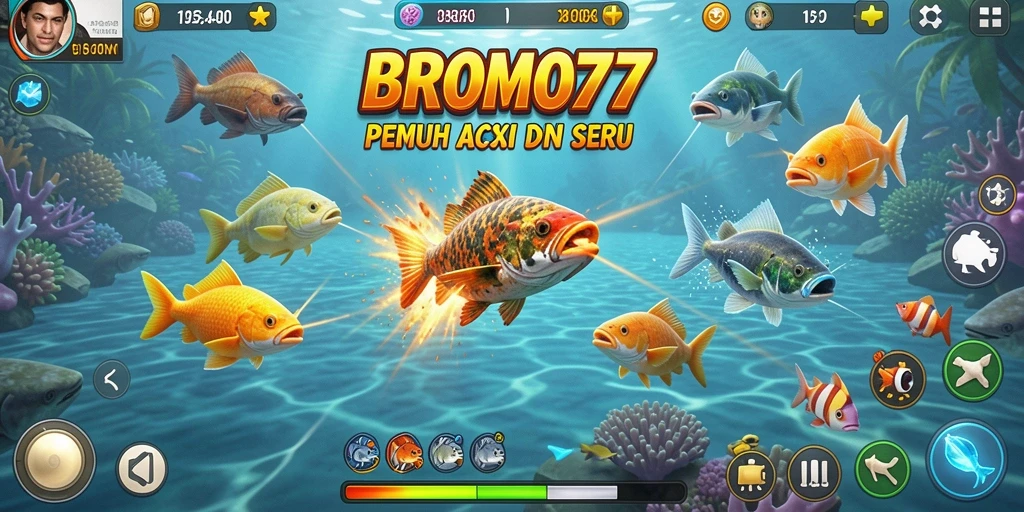 Tampilan gameplay seru dari BROMO77 dengan berbagai ikan untuk dibidik.
