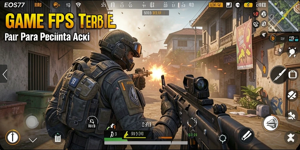 Screenshot gameplay EOS77 menampilkan aksi tembak-menembak yang mendebarkan.