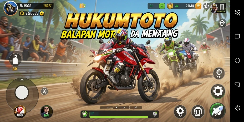 Screenshot gameplay HUKUMTOTO menampilkan aksi balapan motor yang intens.