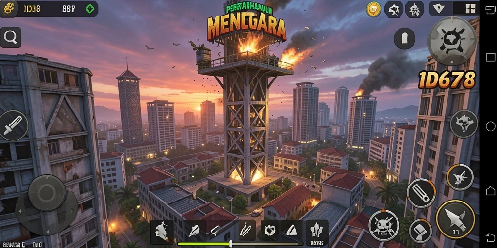 Screenshot gameplay ID678 menampilkan menara dan musuh yang mendebarkan.
