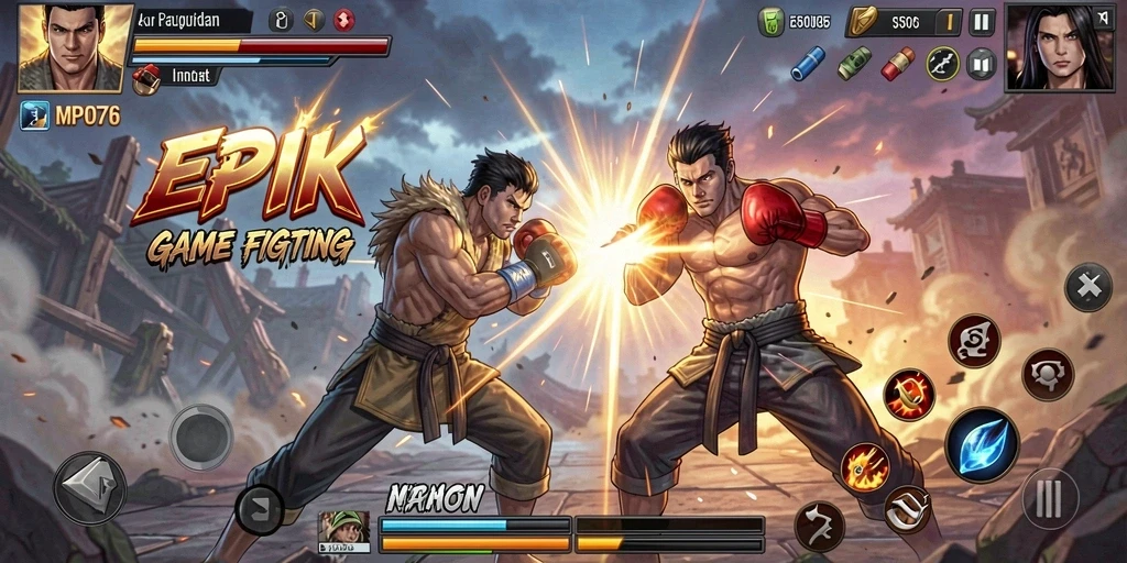 Screenshot MPO76 menampilkan pertarungan seru antar karakter di arena.