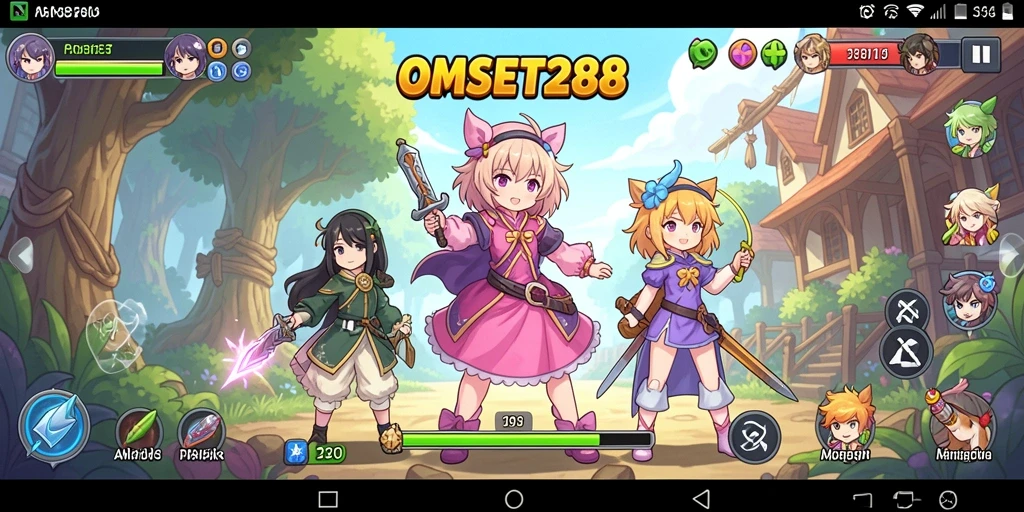 Screenshot utama OMSET288 menampilkan karakter anime dalam aksi seru.