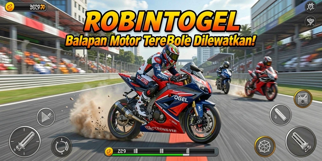 Screenshot ROBINTOGEL menampilkan aksi balapan motor yang mendebarkan.