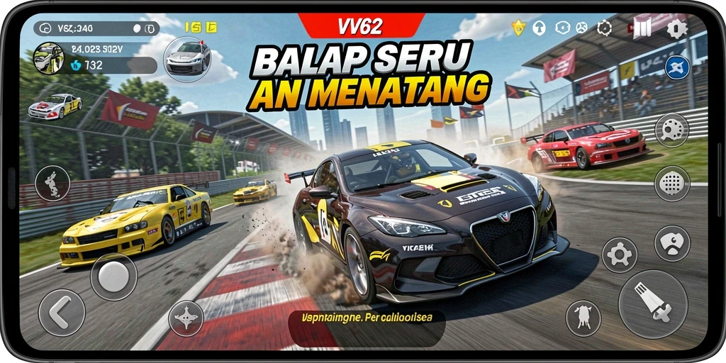 Screenshot gameplay VV62 menampilkan aksi balap yang seru.