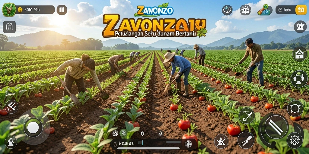 Tampilan gameplay ZAVONZO yang menarik dengan ladang hijau subur.